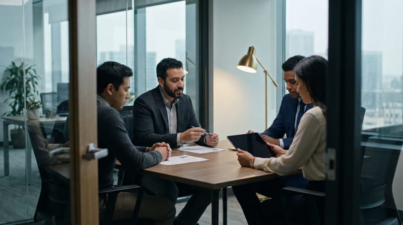 Staffing specialists collaborating with an employer in a modern office
