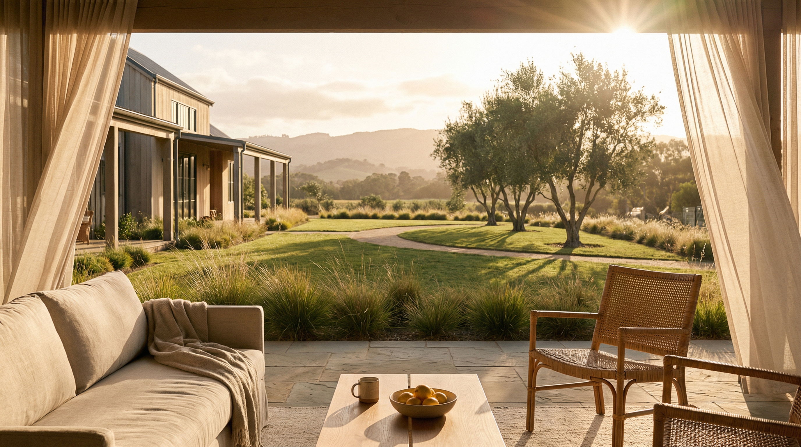 Nyitott terasz oszlopokkal, meleg homokszínű fényben – belső megérkezés tere