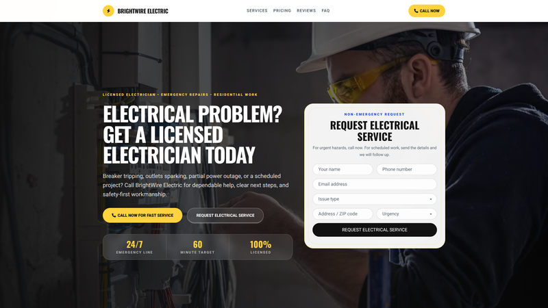BrightWire Electrician Emergency Call Landing Page