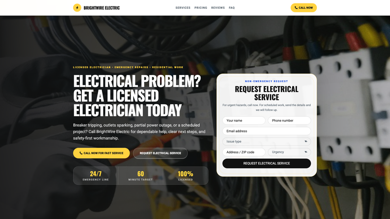 BrightWire Electrician Emergency Call Landing Page