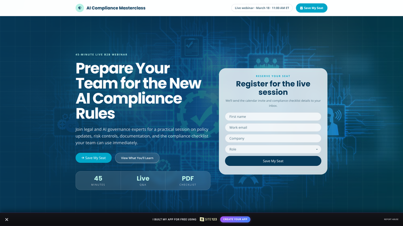AI Compliance Masterclass &mdash; Save My Seat Webinar Landing Page
