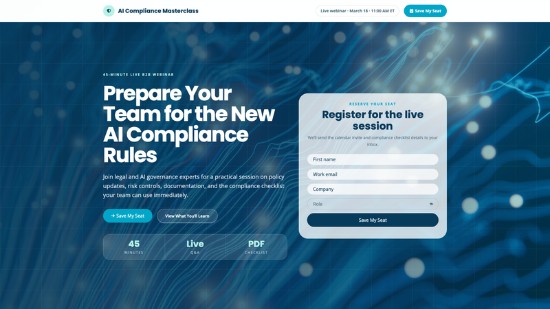 AI Compliance Masterclass &mdash; Save My Seat Webinar Landing Page