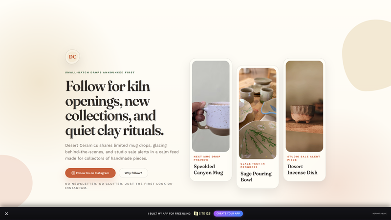 Desert Ceramics Instagram Follow Landing Page