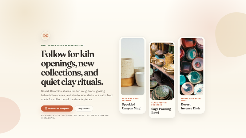 Desert Ceramics Instagram Follow Landing Page