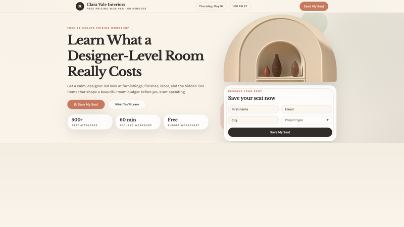 Interior Design Pricing Webinar &mdash; Save My Seat Landing Page