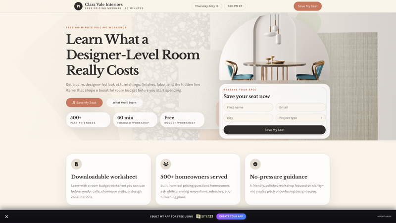 Interior Design Pricing Webinar &mdash; Save My Seat Landing Page