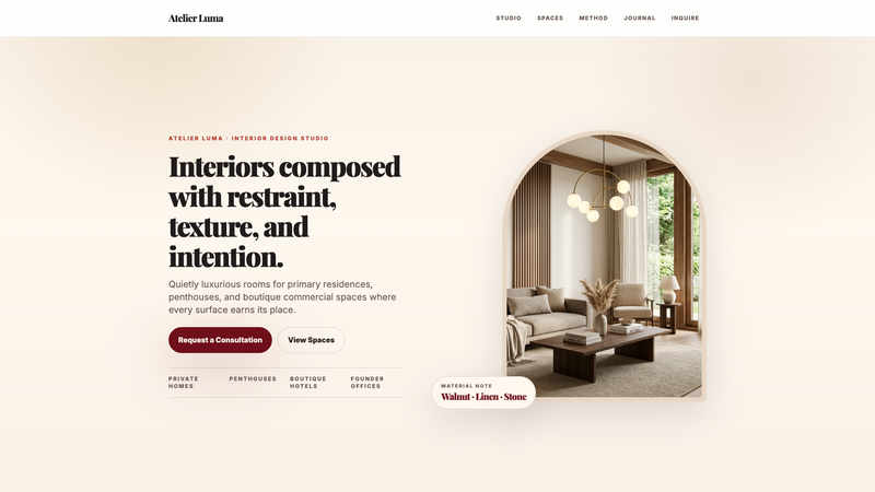 Atelier Luma &mdash; Luxury Interior Design Studio One-Pager