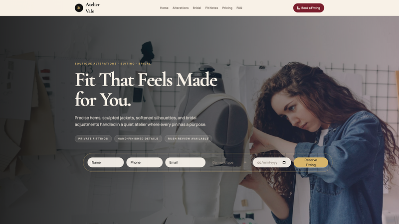 Tailor Alterations Booking Landing Page