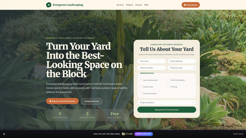 Evergreen Landscaping Service Estimate Landing Page