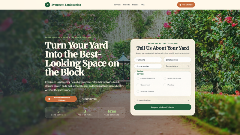 Evergreen Landscaping Service Estimate Landing Page