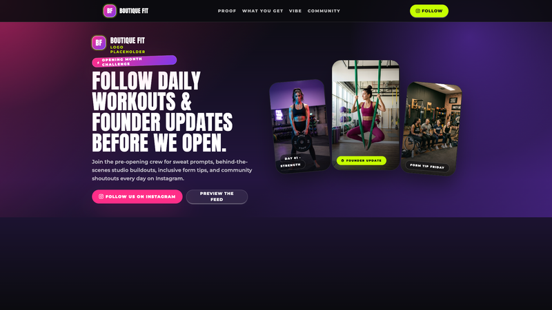 Boutique Fitness Instagram Follow Landing Page