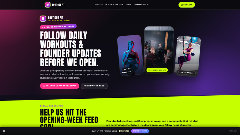 Boutique Fitness Instagram Follow Landing Page
