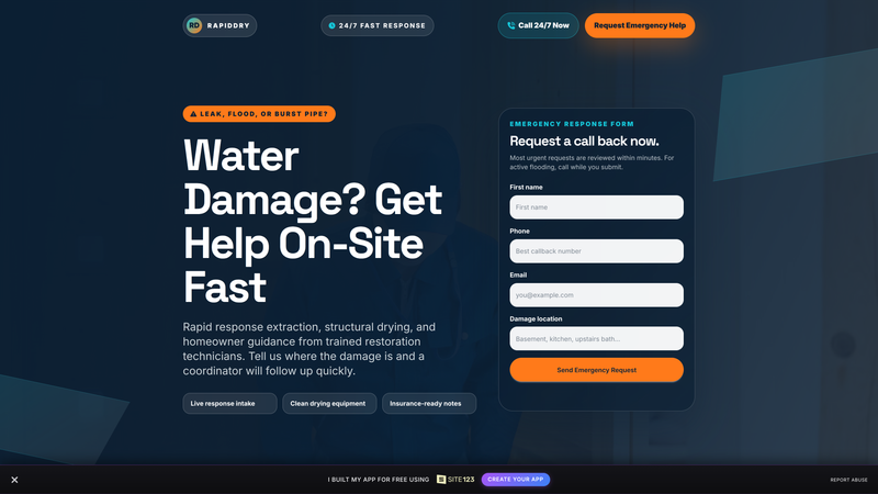 RapidDry Restoration &mdash; Emergency Water Damage Lead Page
