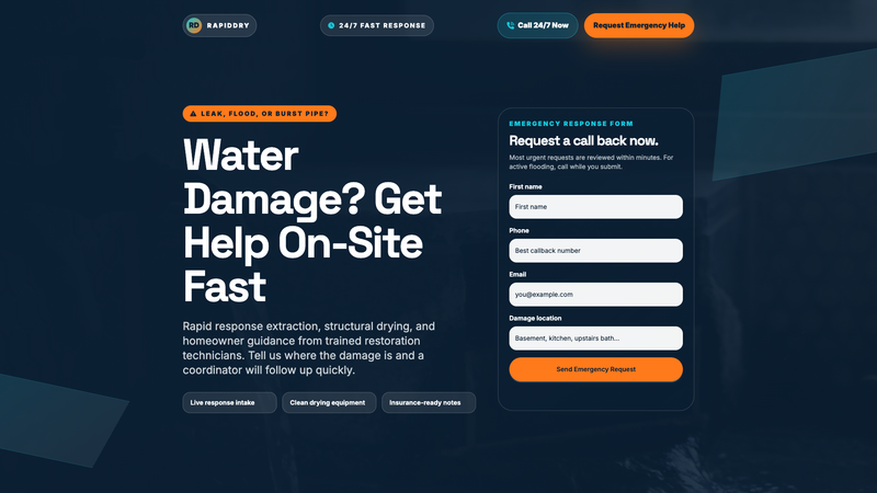 RapidDry Restoration &mdash; Emergency Water Damage Lead Page