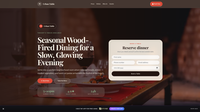 Urban Table Restaurant Booking Landing Page