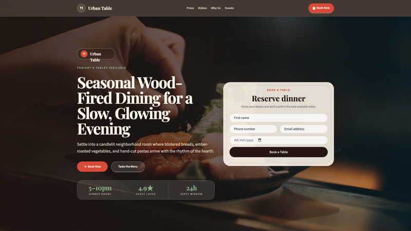 Urban Table Restaurant Booking Landing Page