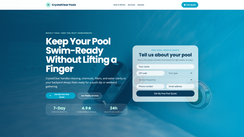 CrystalClear Pool Maintenance Lead Landing Page