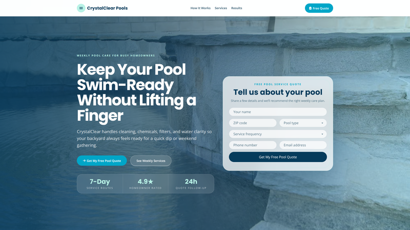 CrystalClear Pool Maintenance Lead Landing Page