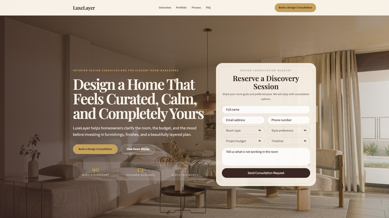 LuxeLayer Interior Design Consultation Landing Page