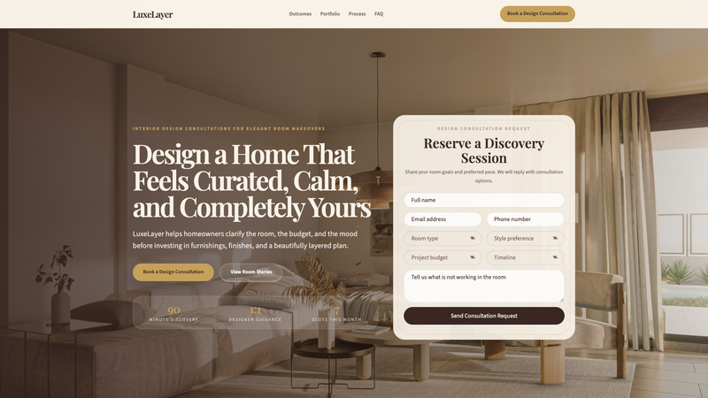 LuxeLayer Interior Design Consultation Landing Page