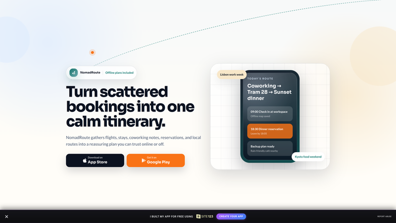 NomadRoute Travel Planner App Landing Page