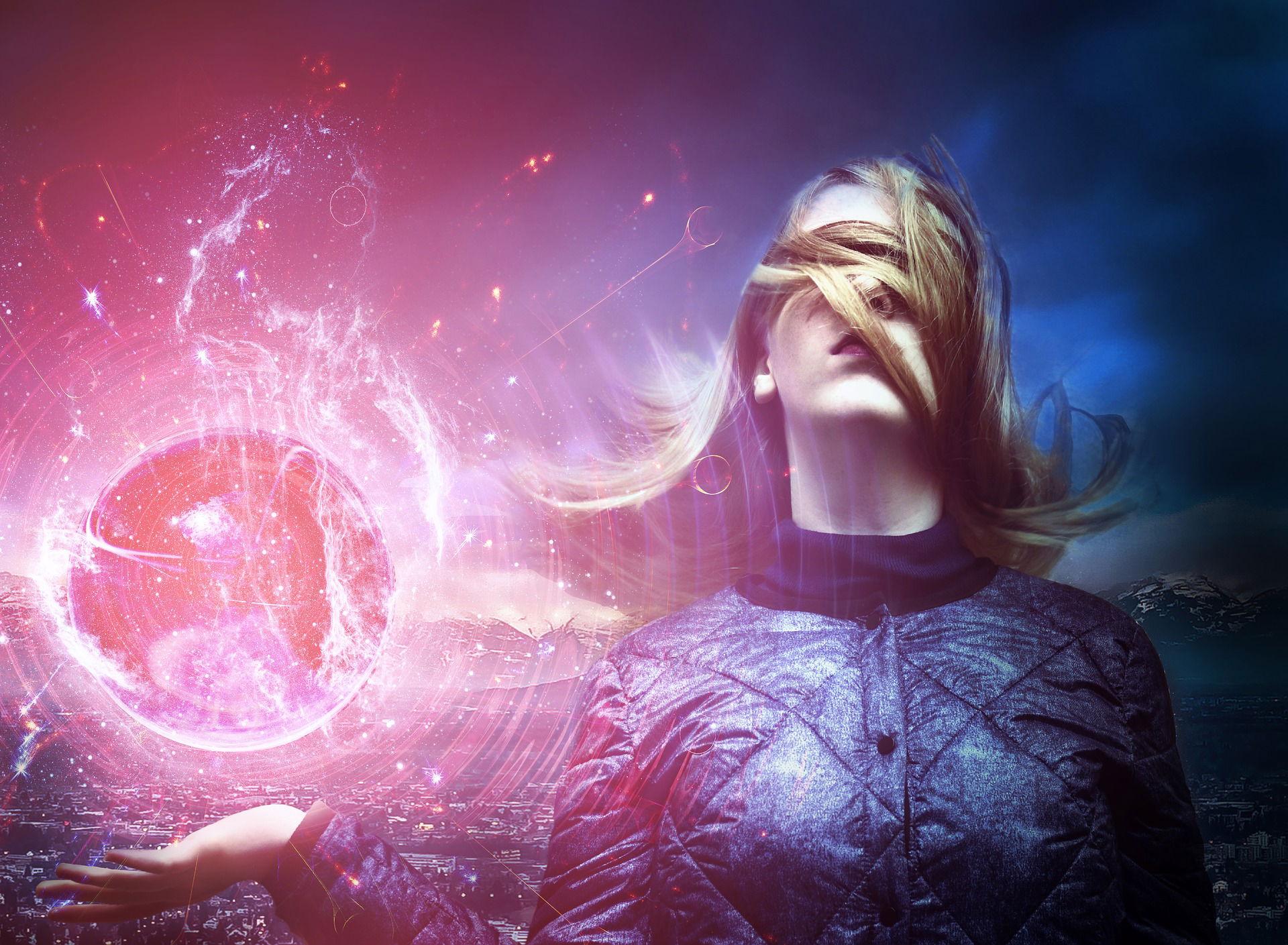 Lila árnyalatú női alak, aki egyszerre néz felfelé és előre, jobb kezében bolygót teremtve – a neurodiverzitás, autizmus és többdimenziós tudatérzékelés vizuális metaforája