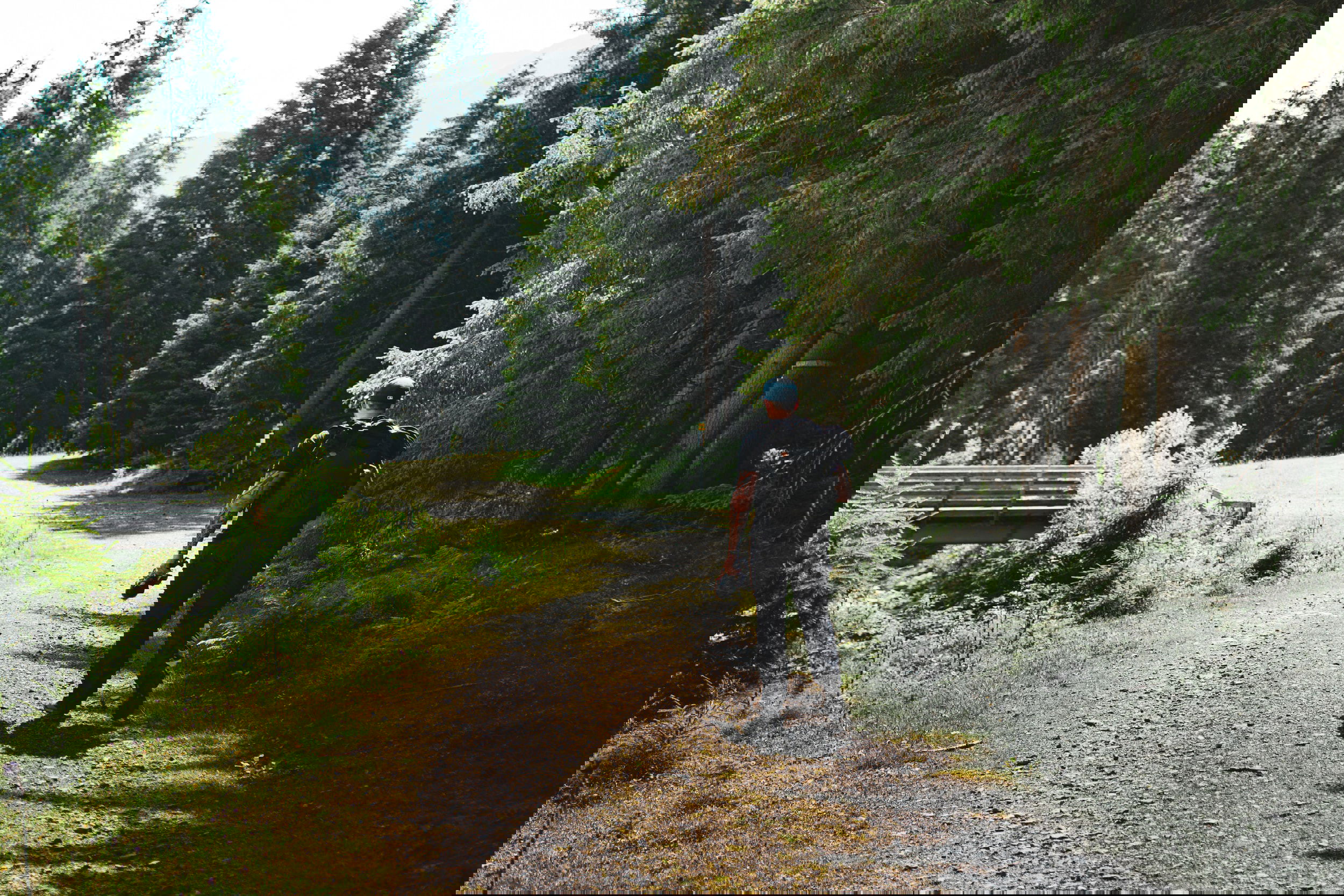 Túrázó halad egy kanyargós erdei úton, az önismeret és az életút szimbólumaként