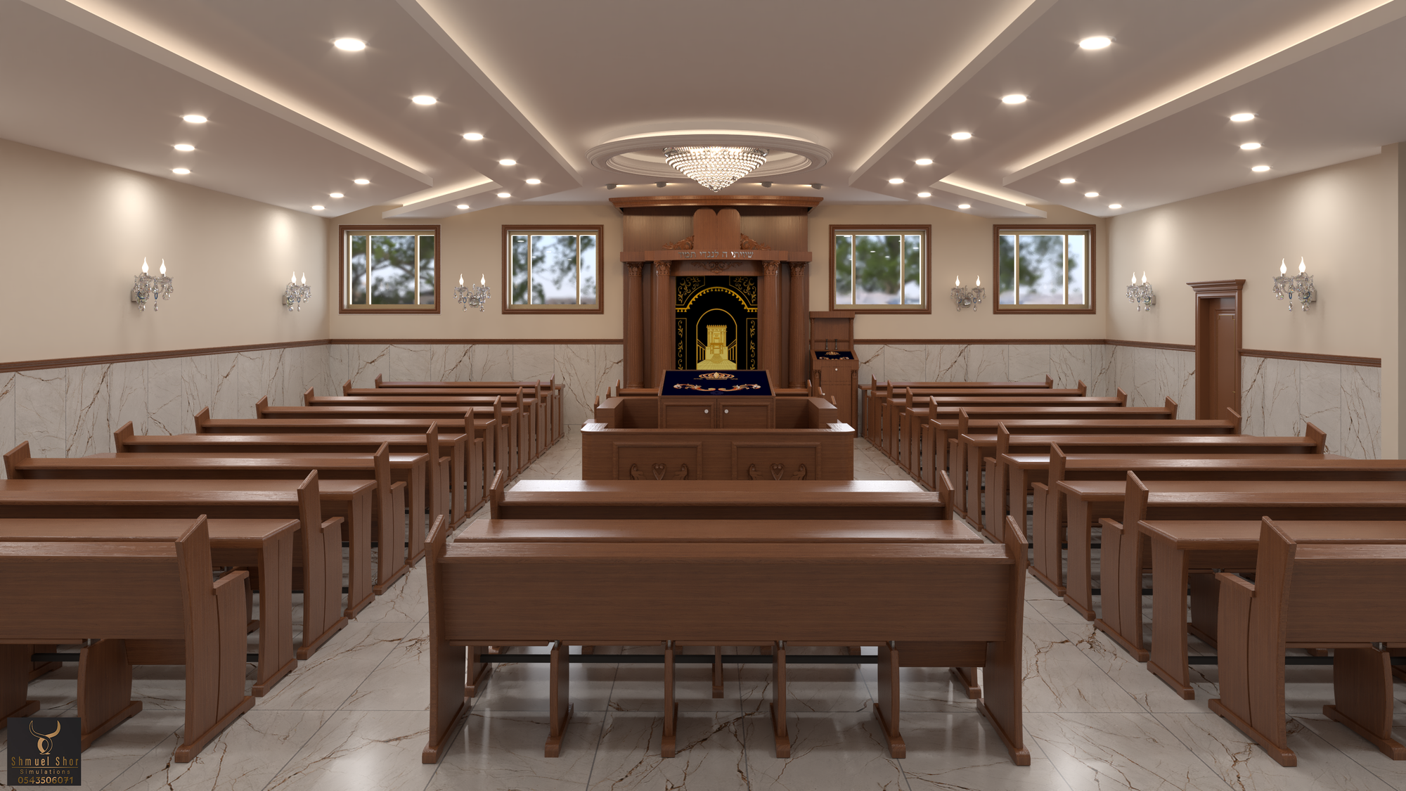 הדמיות לבית כנסת חסידי עם שטיבלך וחדרי ספח