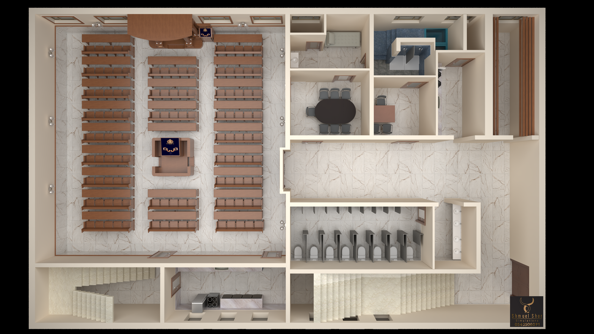 הדמיות לבית כנסת חסידי עם שטיבלך וחדרי ספח