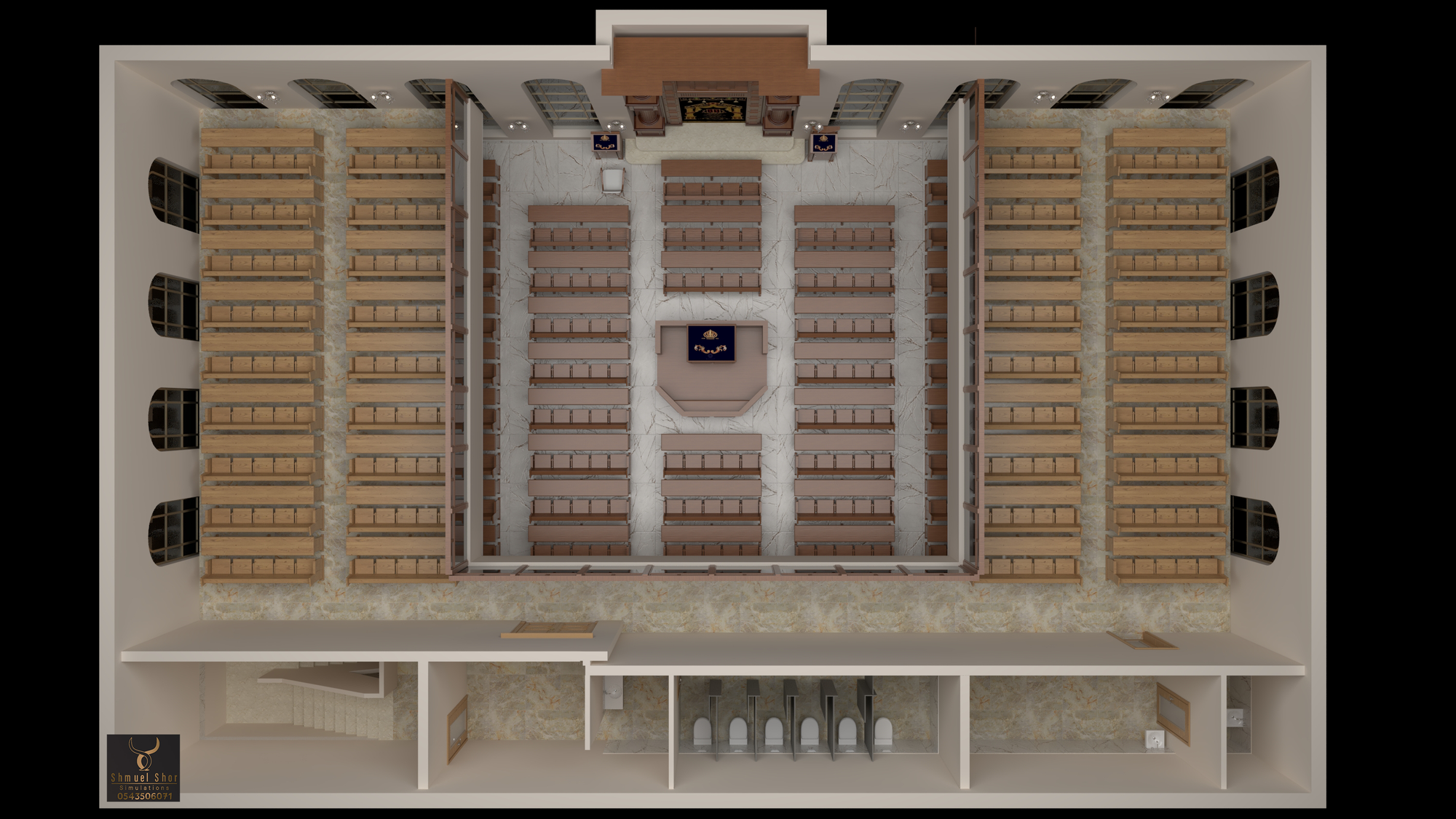 הדמיות לבית כנסת חסידי עם שטיבלך וחדרי ספח