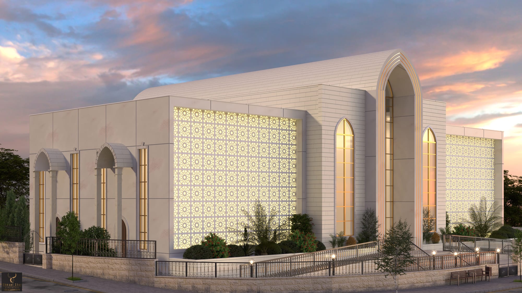 הדמיה אדריכלית לבית כנסת עם עיצוב ייחודי