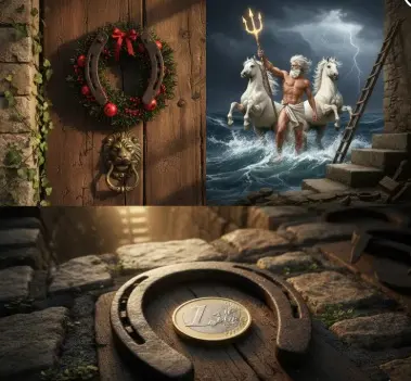 Πέταλο αλόγου με νόμισμα ευρώ και ο θεός Ποσειδώνας, σύμβολο τύχης και προστασίας.