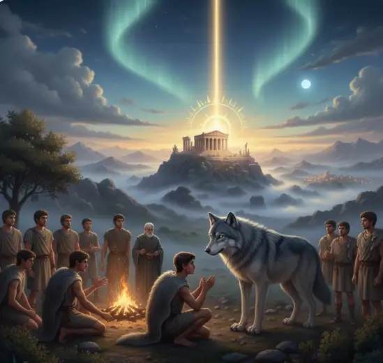 Επιβλητικός λύκος του Απόλλωνα σε αρχαίο ελληνικό τοπίο με ναό και ηλιακό φως