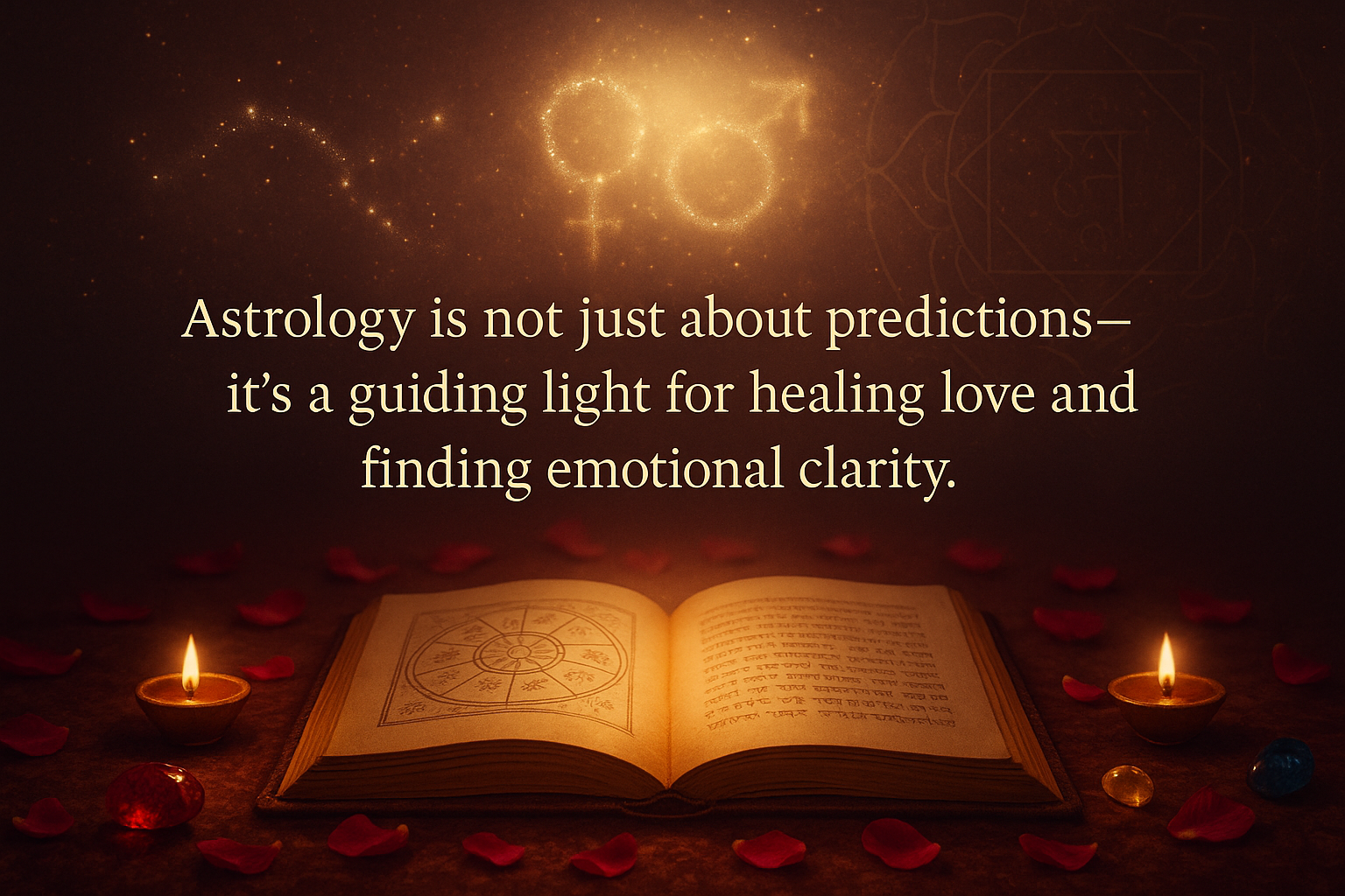 Open astrology book with glowing symbols and quote on love healing through astrology