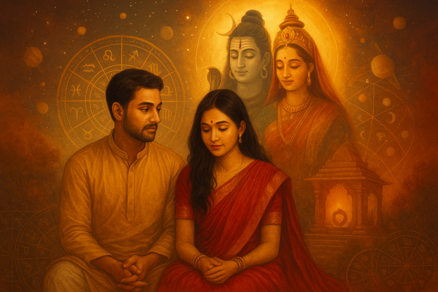 Indian couple with divine energy and kundli symbols symbolizing intercaste marriage harmony