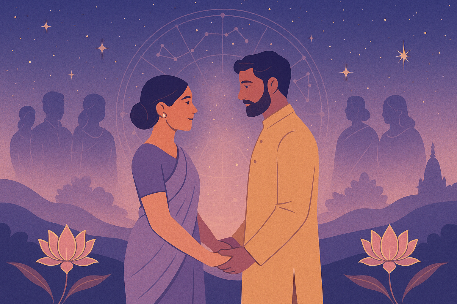 Diverse couple holding hands under stars with zodiac wheel and symbolic family in background
