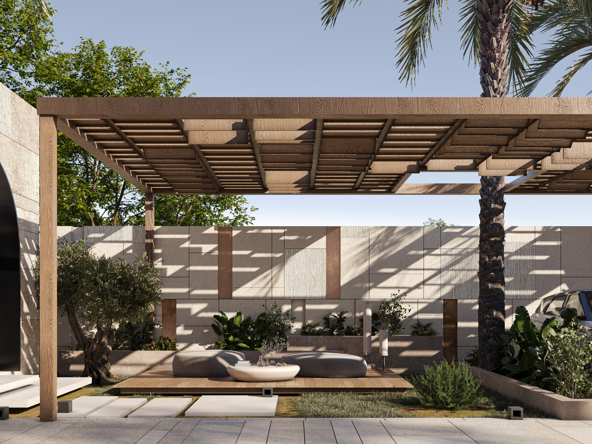 A refined facade blending modern lines with timeless arches.