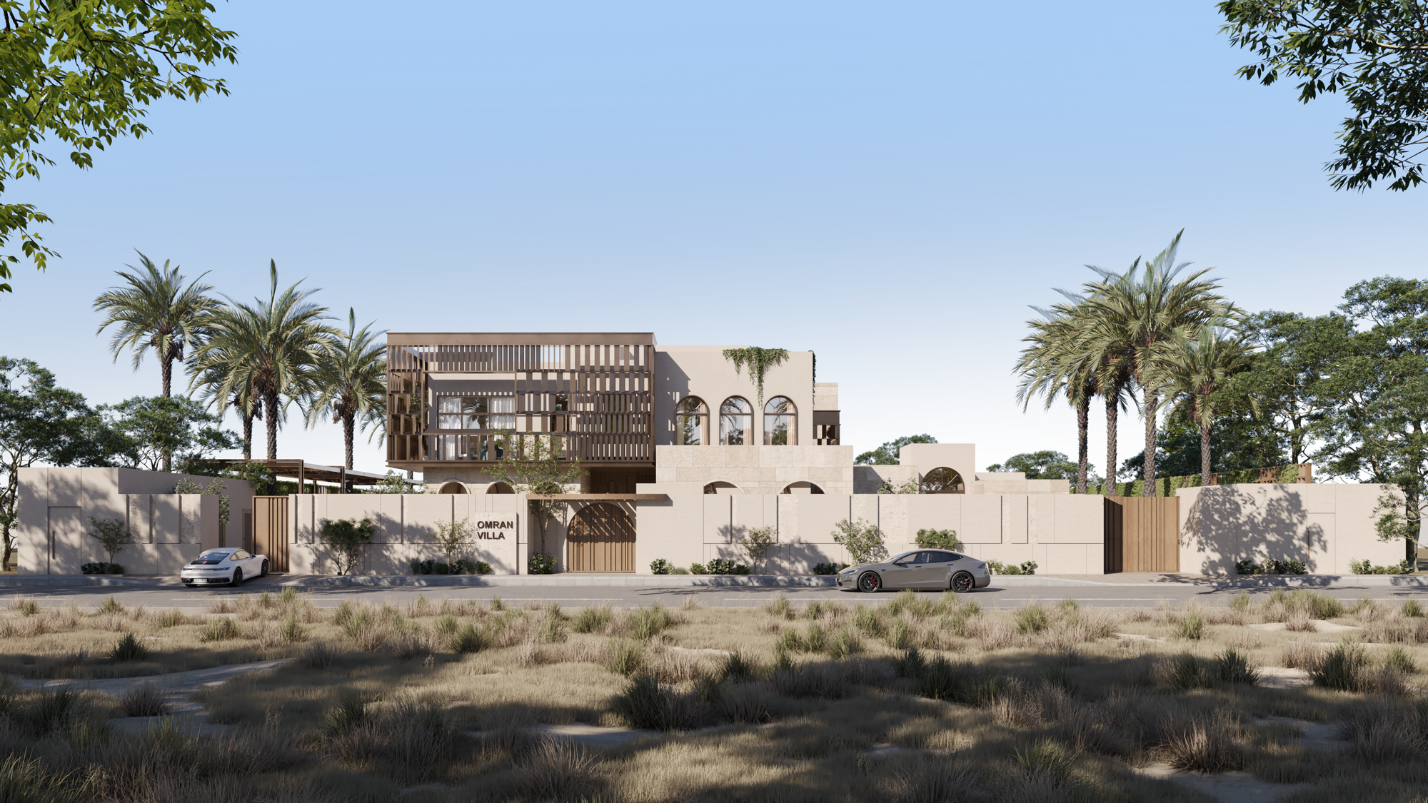 A refined facade blending modern lines with timeless arches.