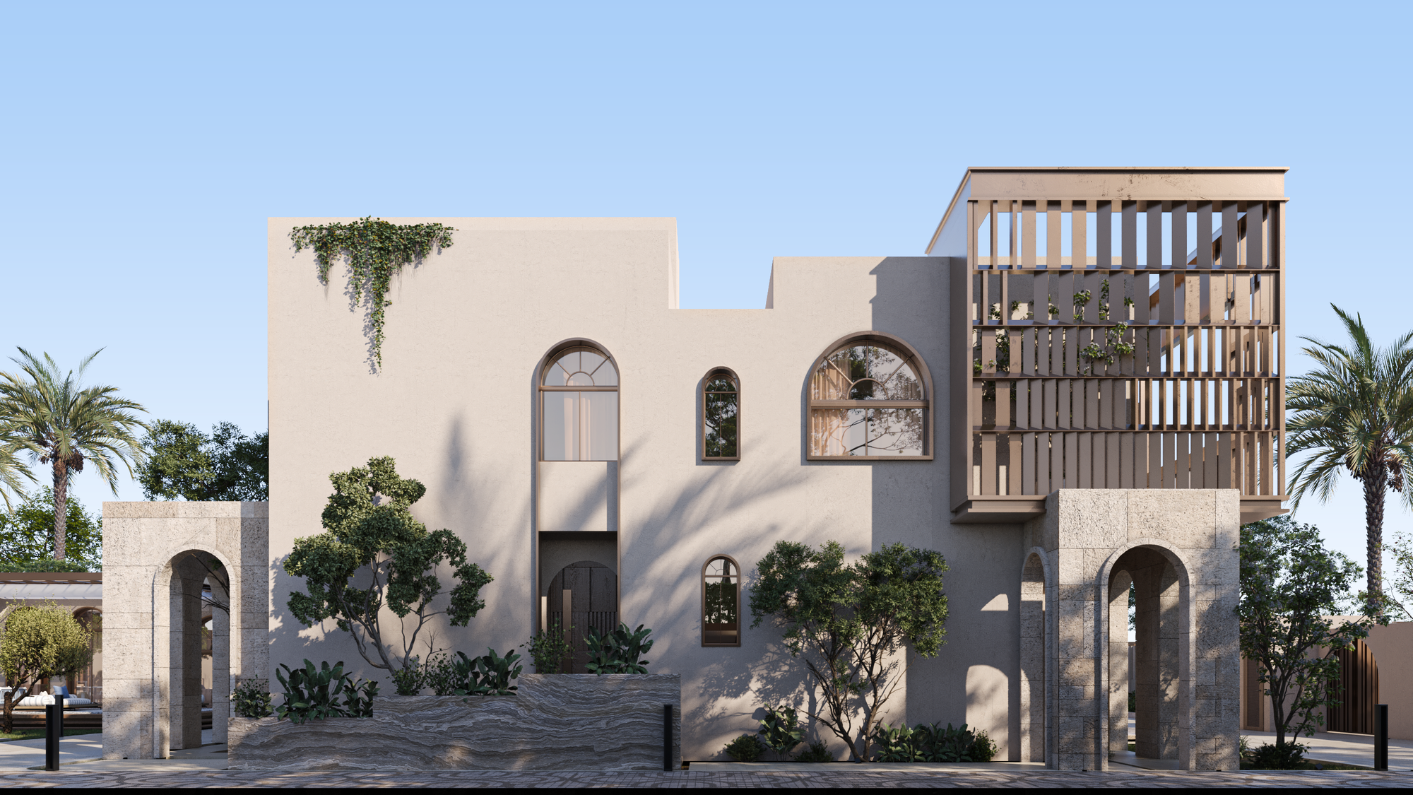 A refined facade blending modern lines with timeless arches.