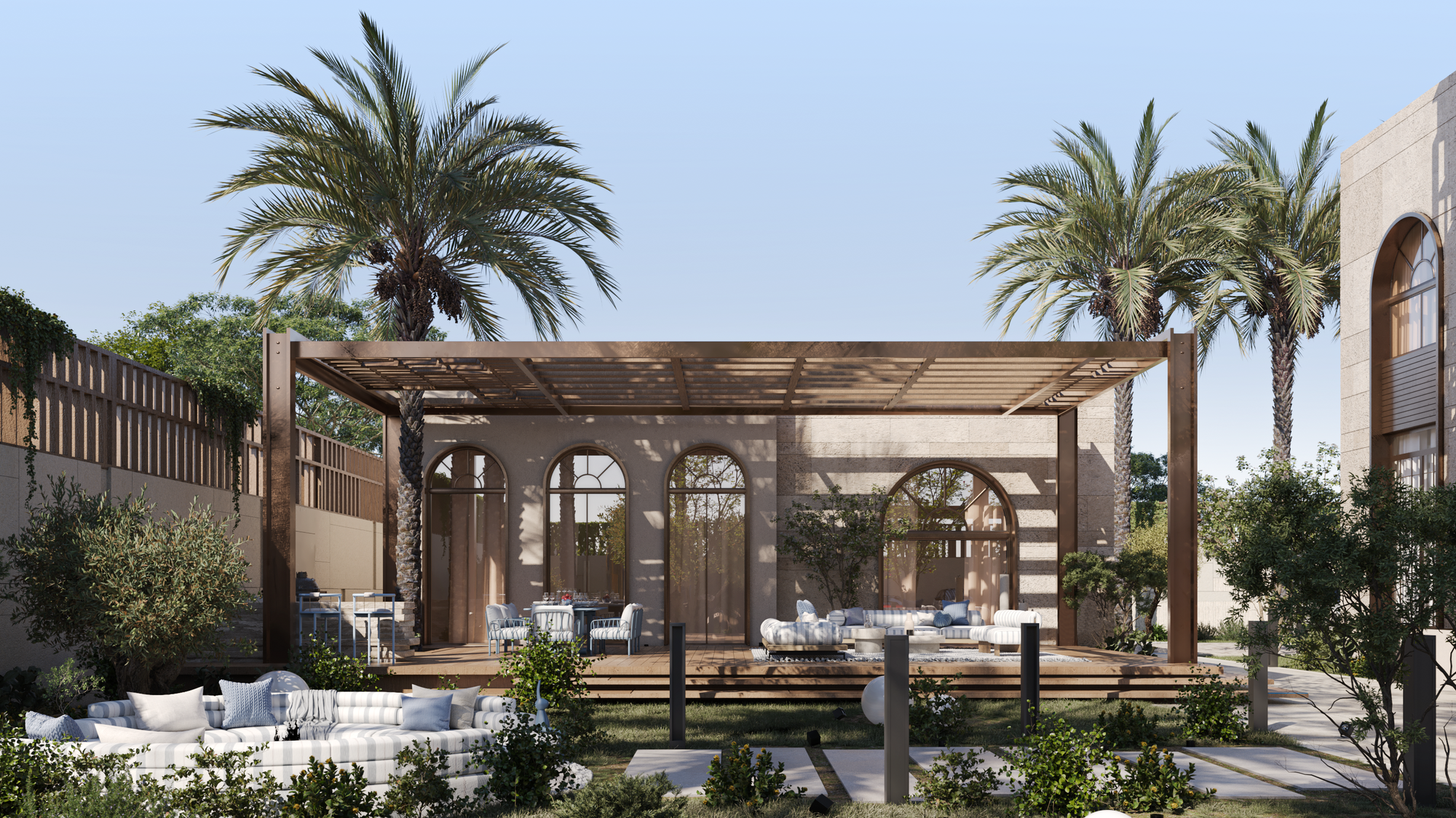 A refined facade blending modern lines with timeless arches.