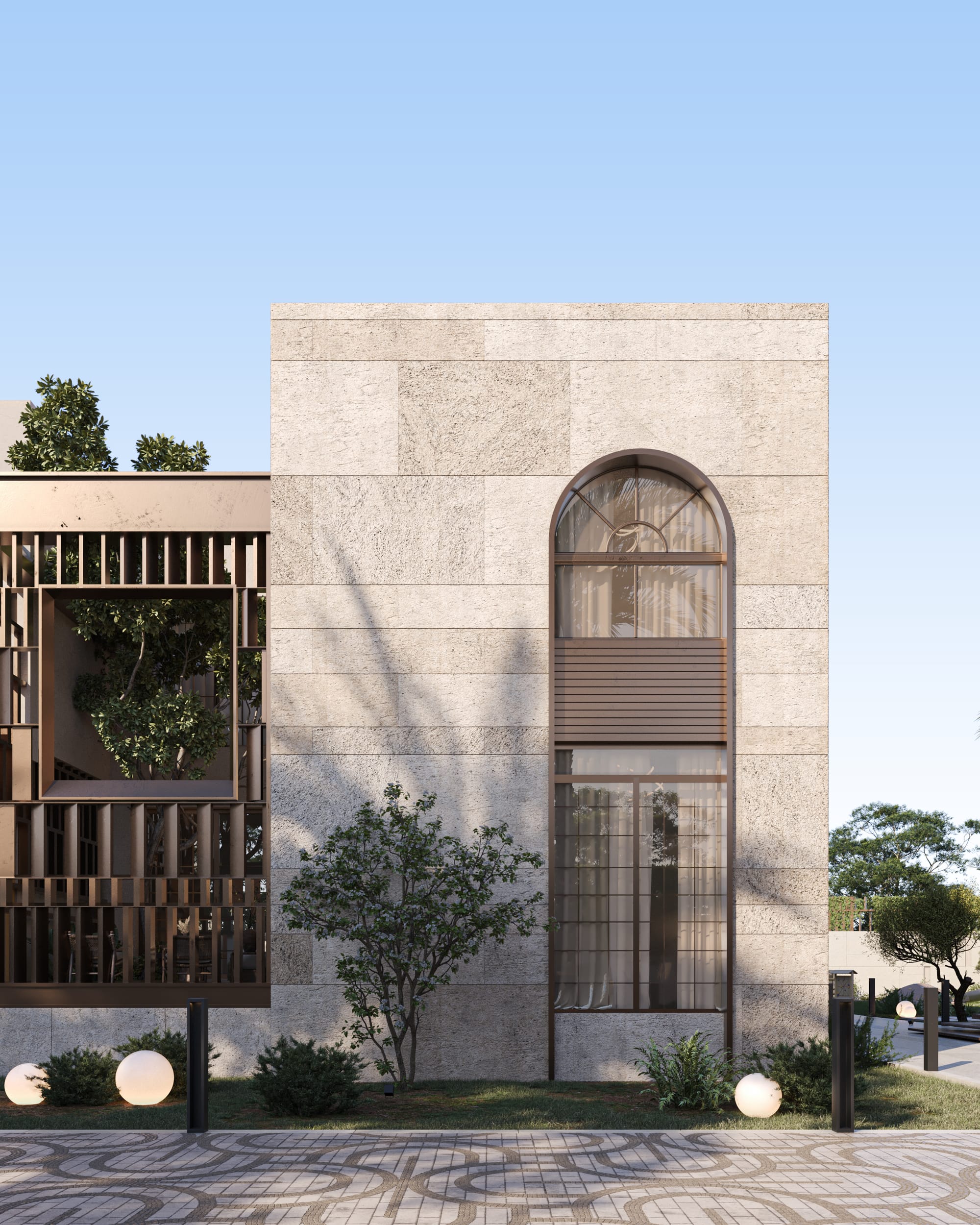 A refined facade blending modern lines with timeless arches.