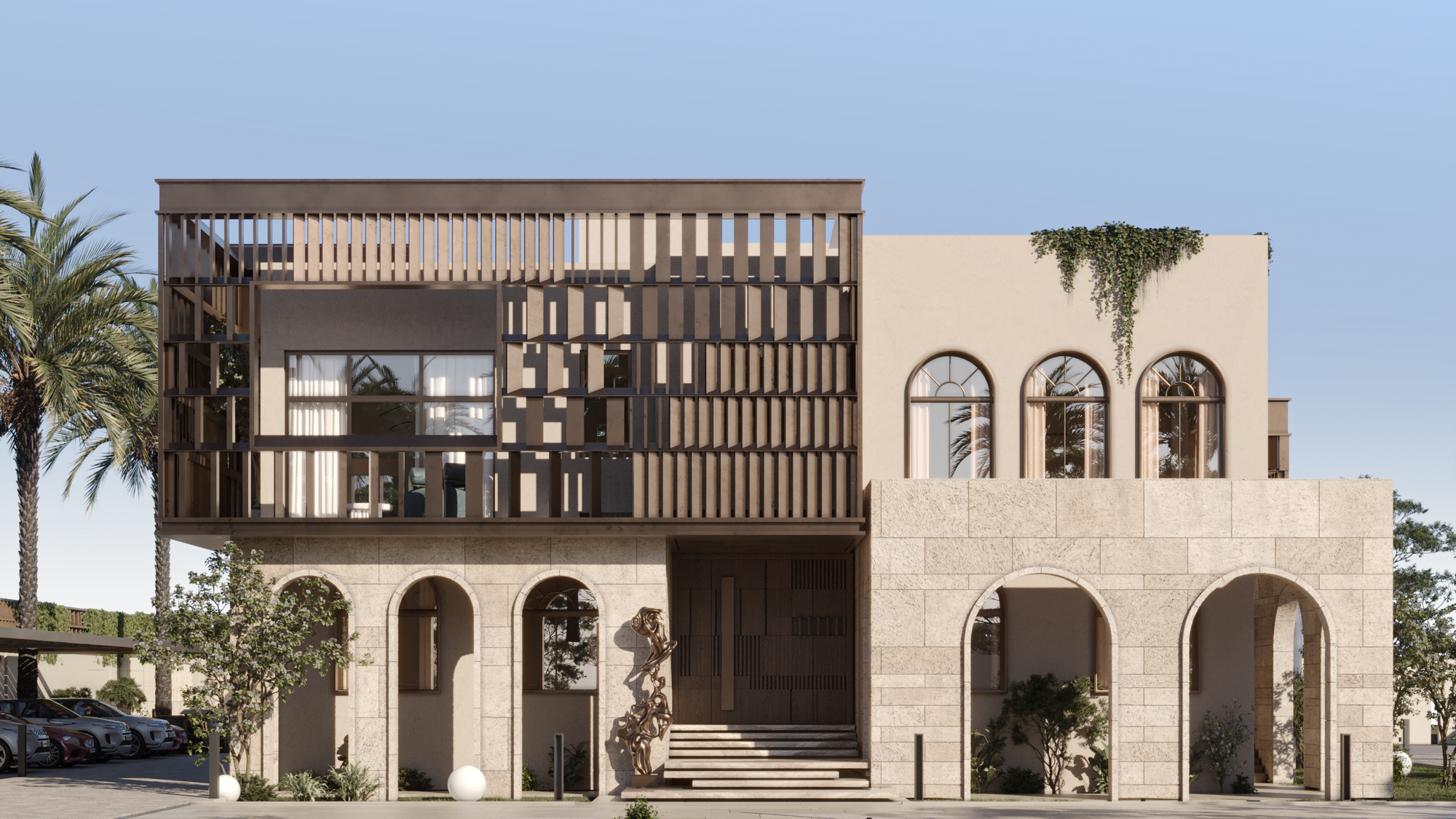 A refined facade blending modern lines with timeless arches.