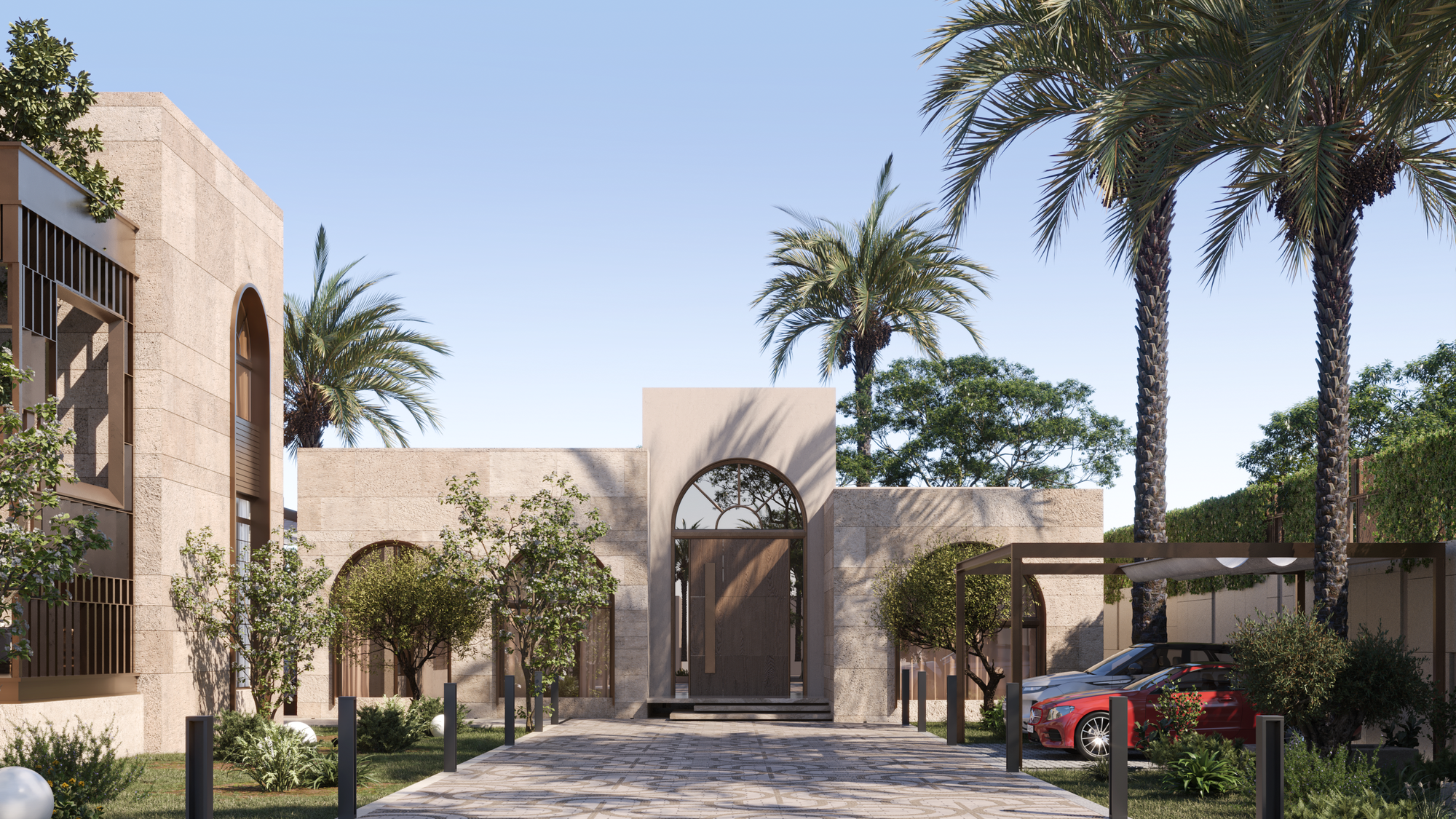 A refined facade blending modern lines with timeless arches.