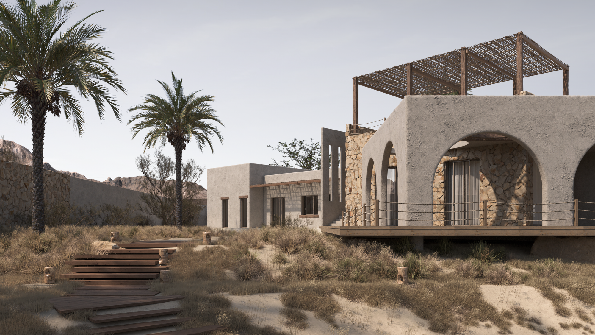 To create a luxury home that reflects Saudi cultural values of privacy and hospitality, inspired by courtyards, arches, and the desert landscape.