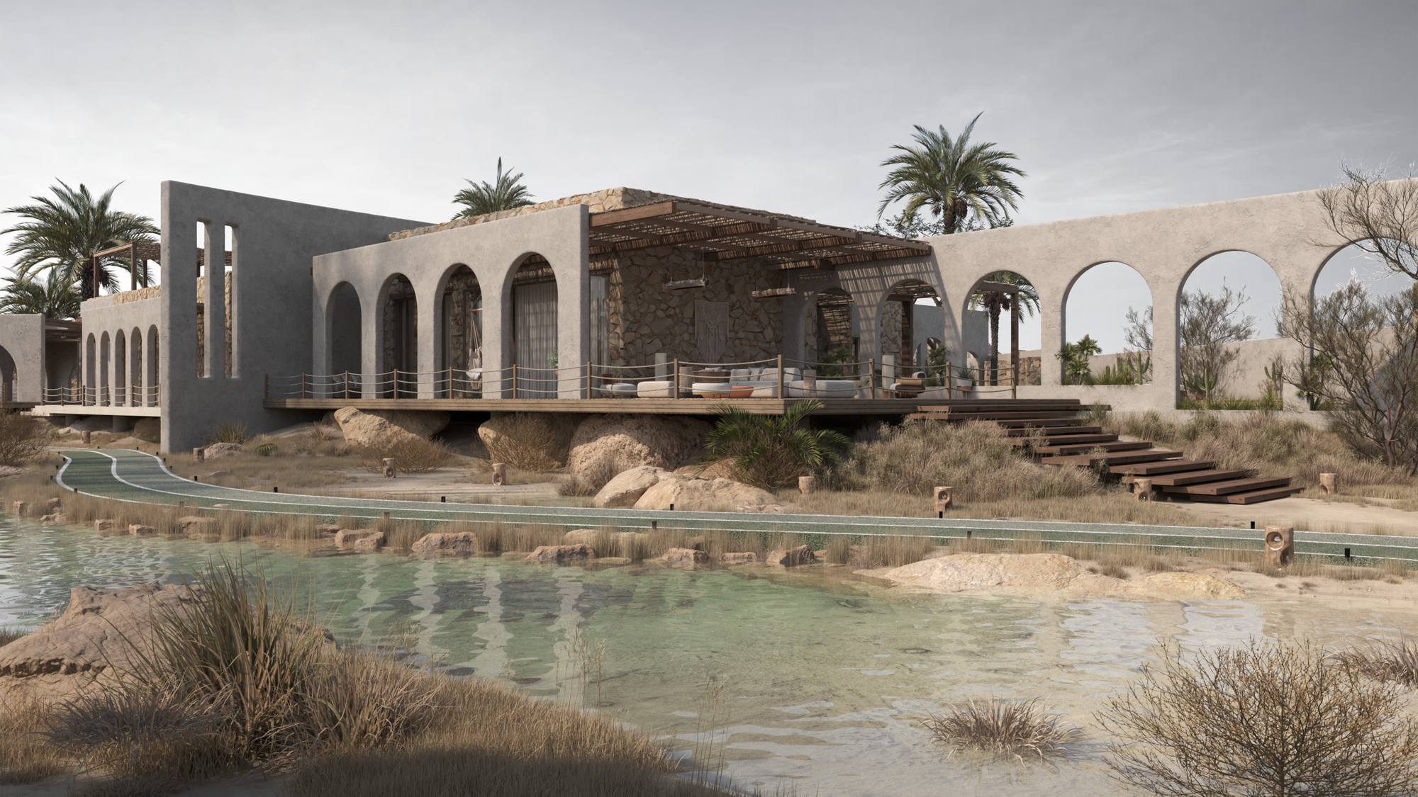 To create a luxury home that reflects Saudi cultural values of privacy and hospitality, inspired by courtyards, arches, and the desert landscape.