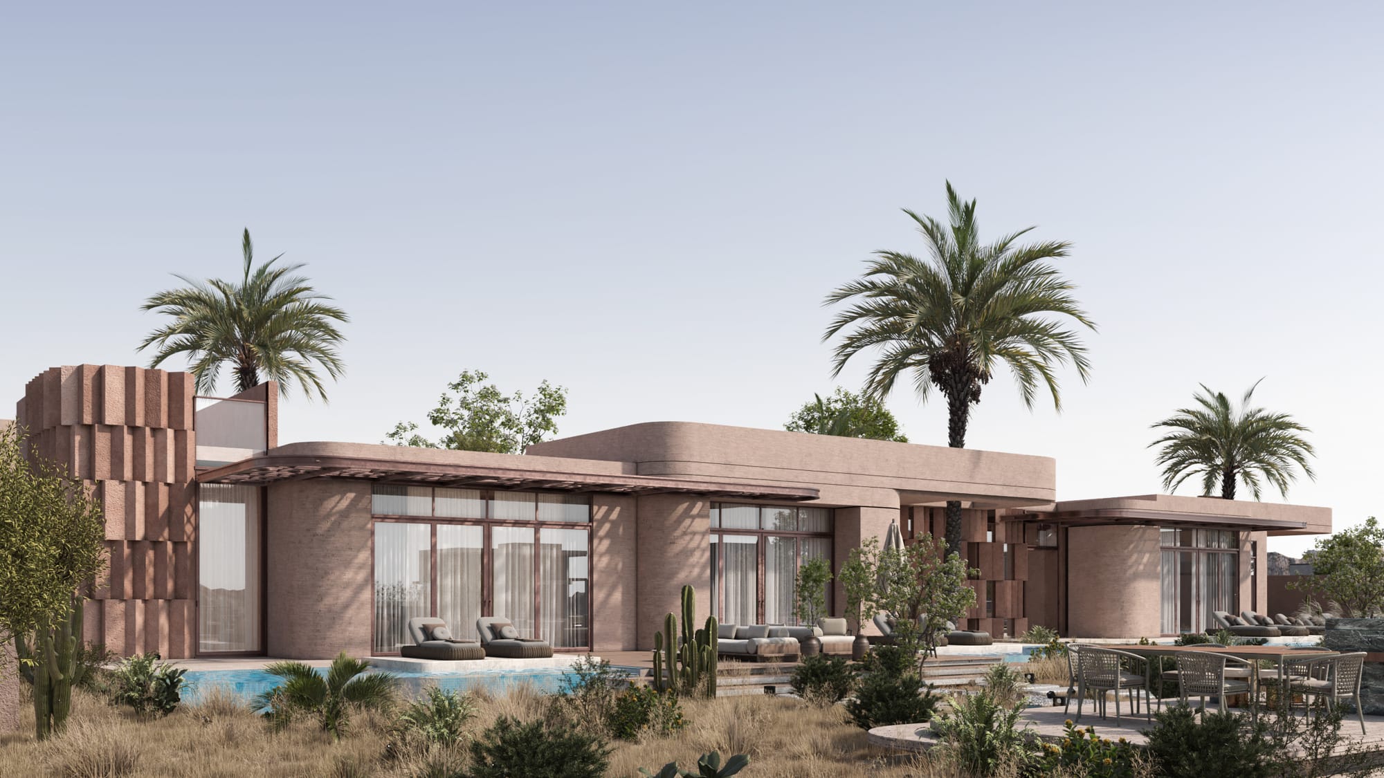 The entrance is deliberately recessed, reinforcing privacy and controlled arrival.