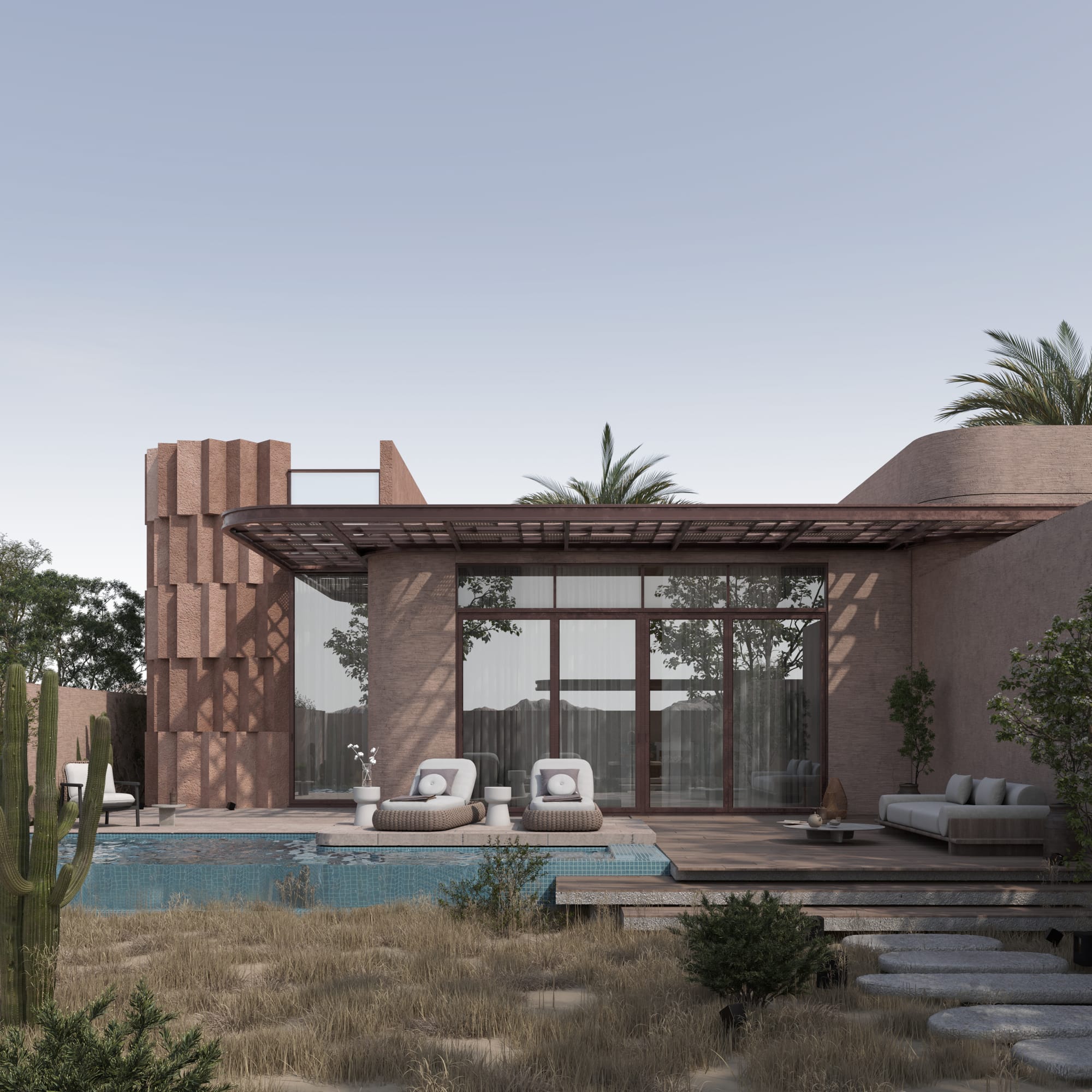 The entrance is deliberately recessed, reinforcing privacy and controlled arrival.