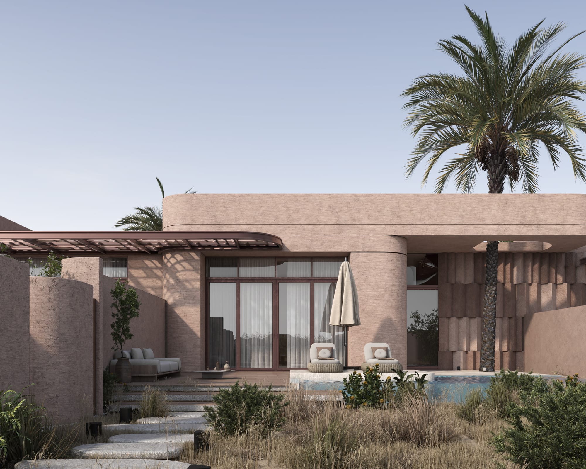 The entrance is deliberately recessed, reinforcing privacy and controlled arrival.