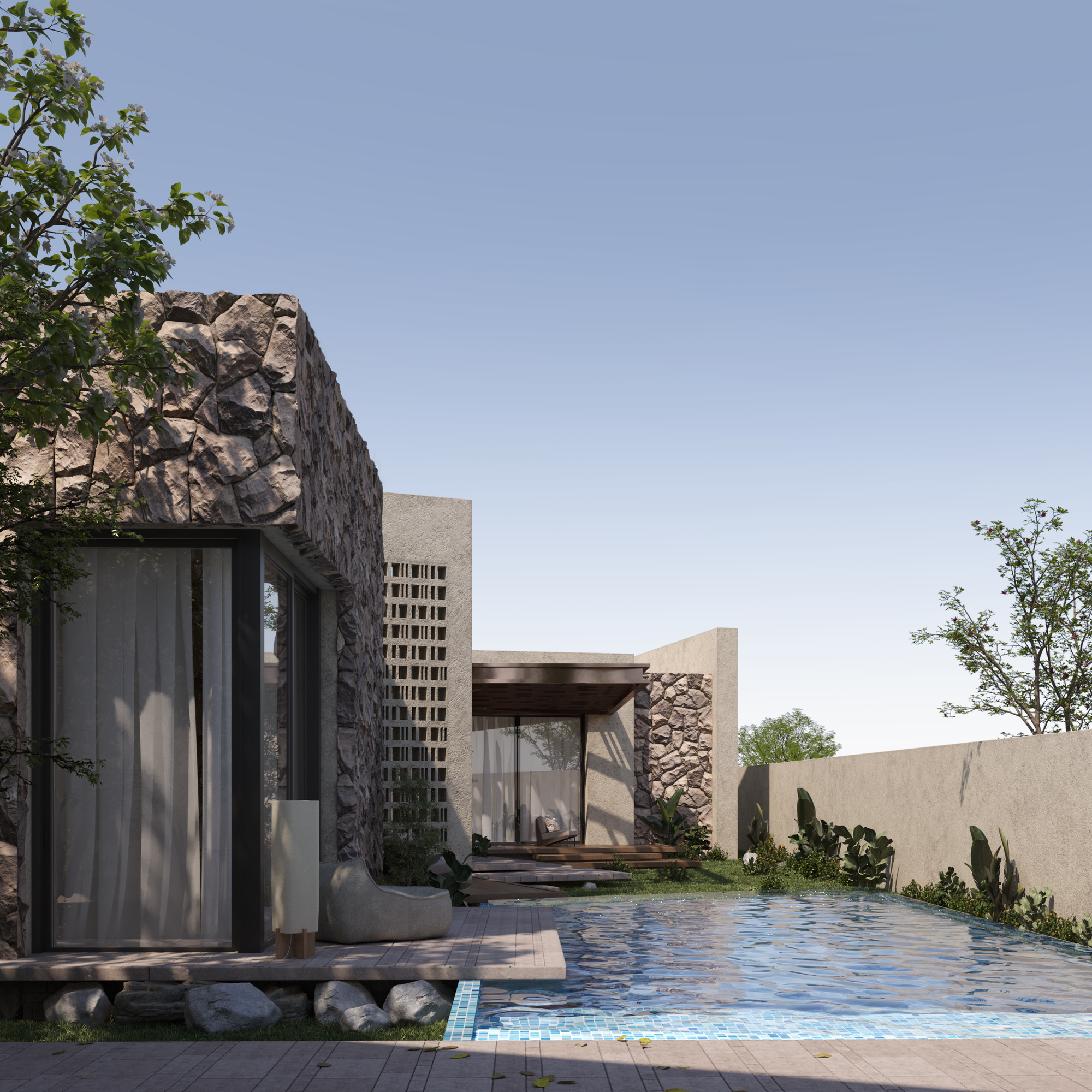 A recessed entrance framed by stone walls and shaded canopies.