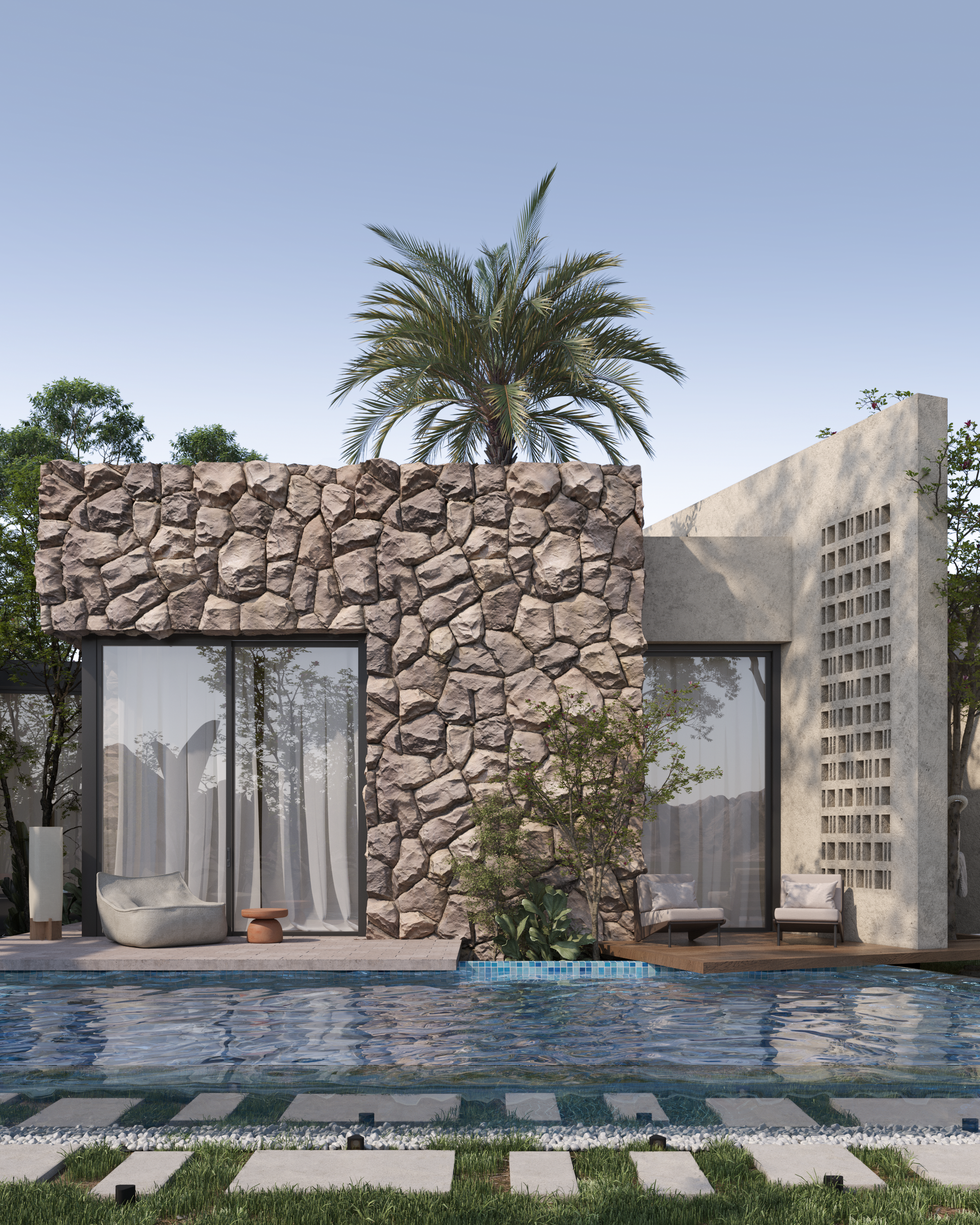 A recessed entrance framed by stone walls and shaded canopies.